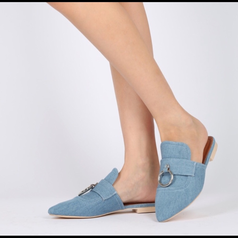 Anthro Cape Robbin Denim Ring Mule Pointed Loafers 8 - Picture 1 of 7